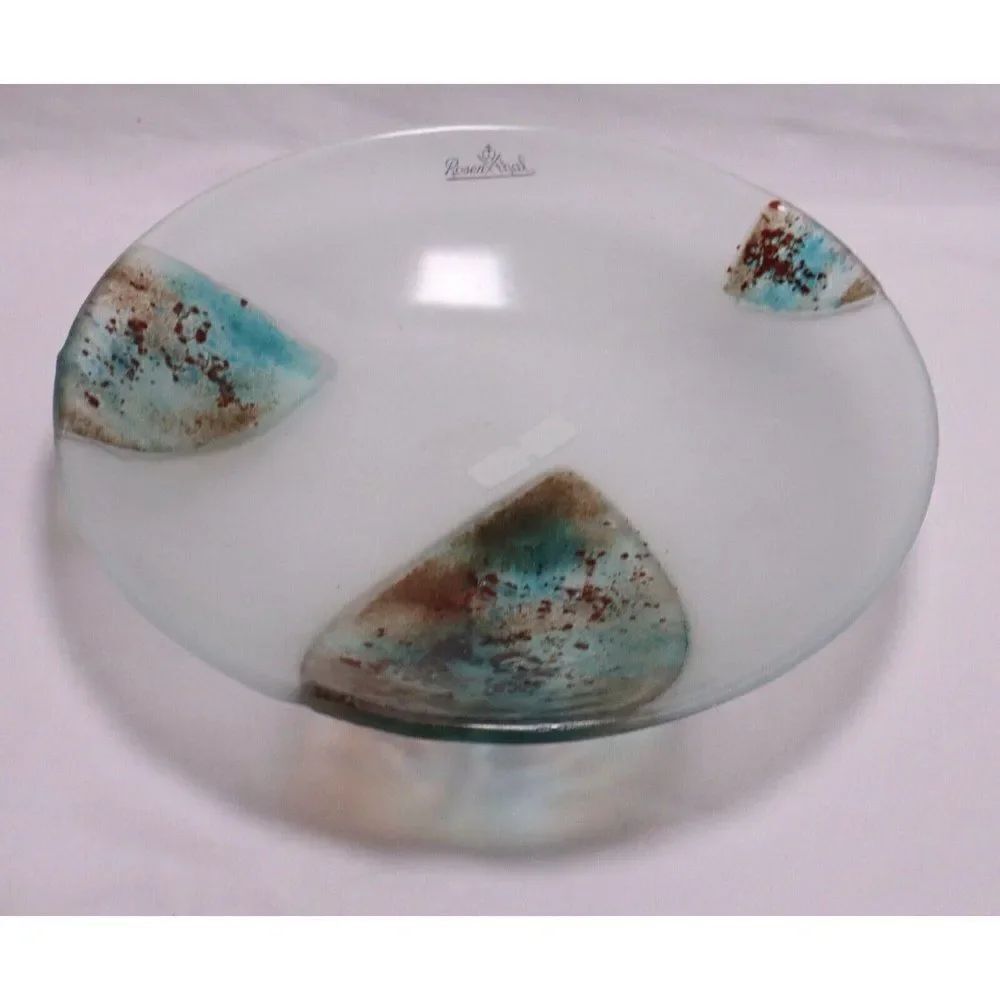 NWT Rosenthal Germany Frosted Glass Round Bowl Leaves Brown Blue Art Glass Decor